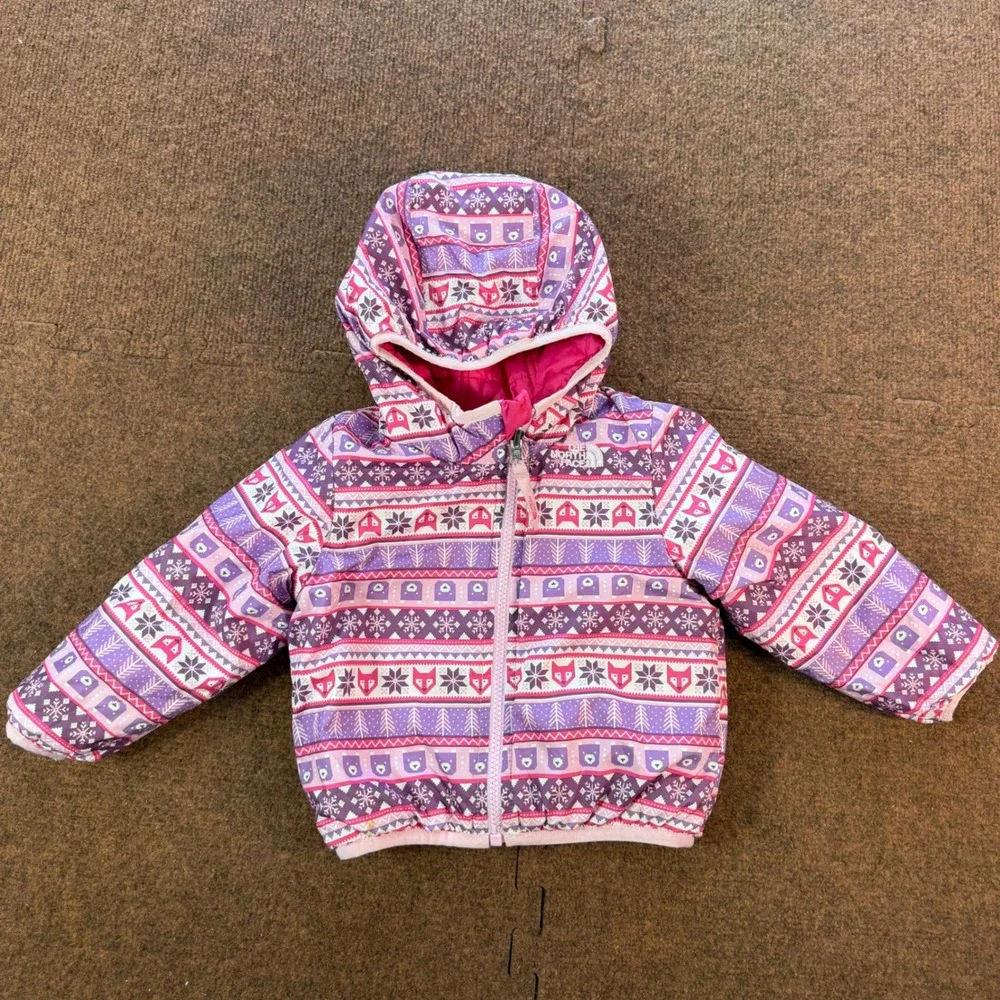 B+ The North Face Kids Purple Pink Fair Isle Fox Bear Puffer Jacket Hooded Coat